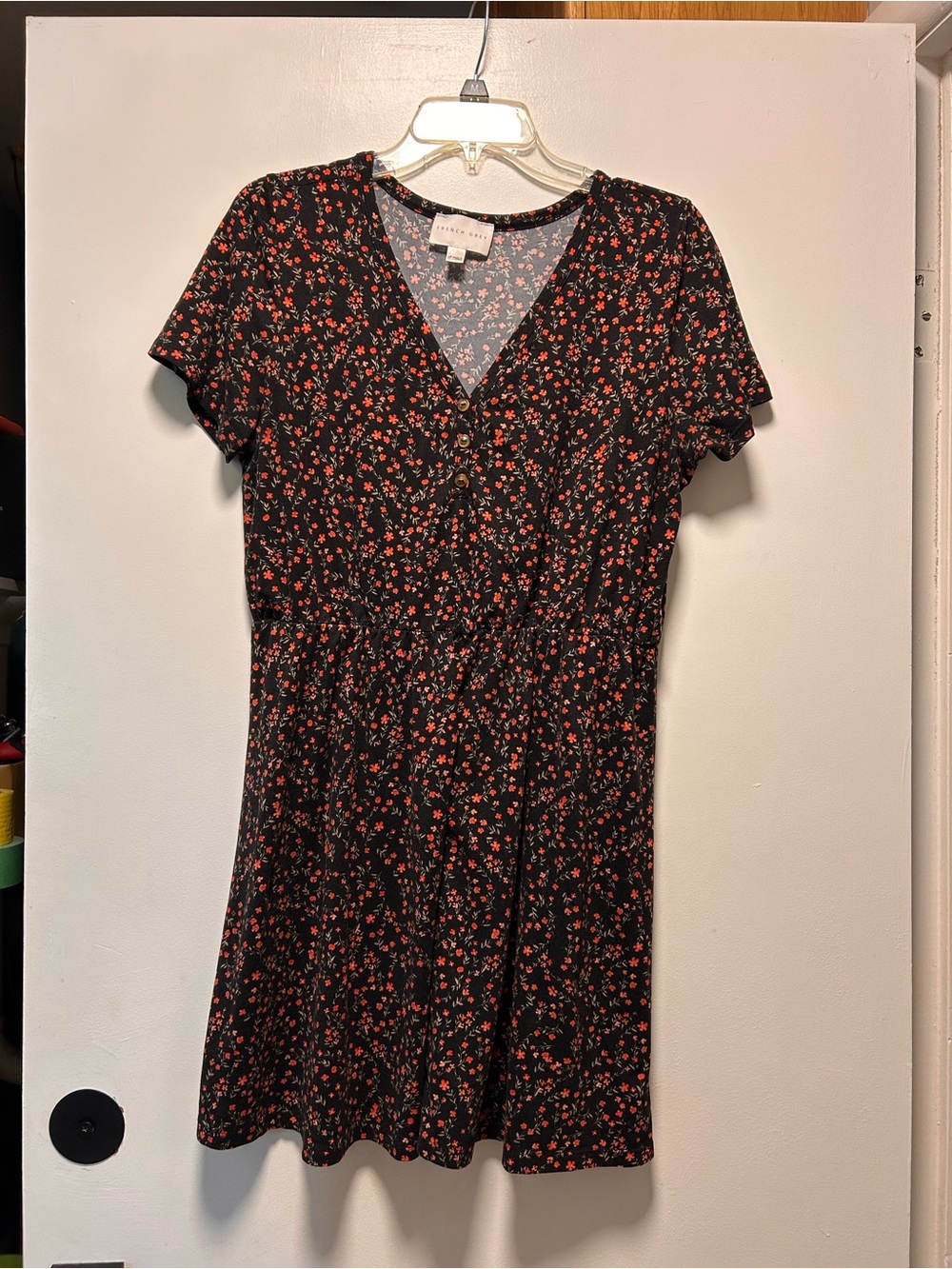 French Grey Black Mini Dress with Red Floral Print